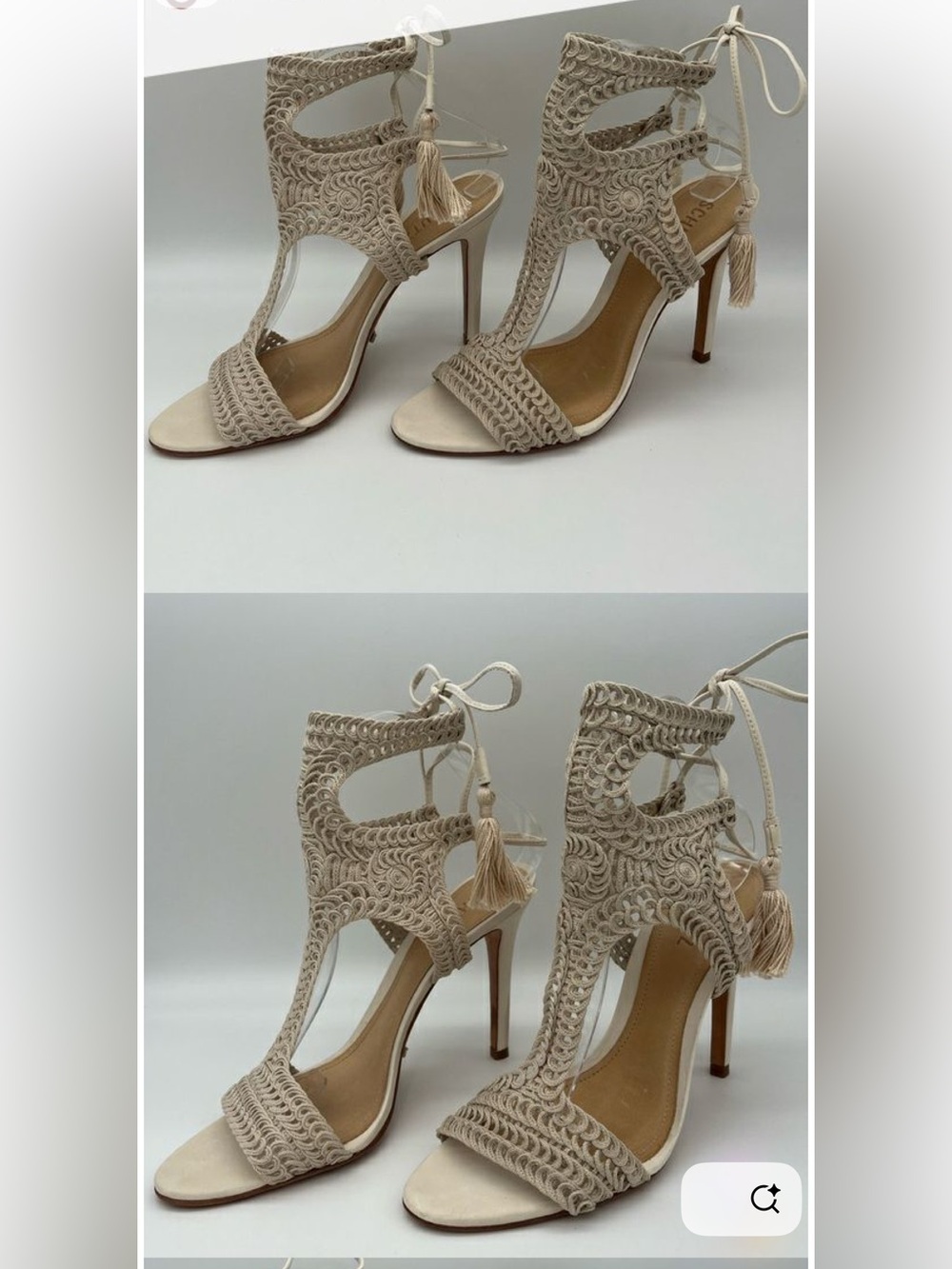 SCHUTZ Beige Macramé Lace-Up High Heel Sandals